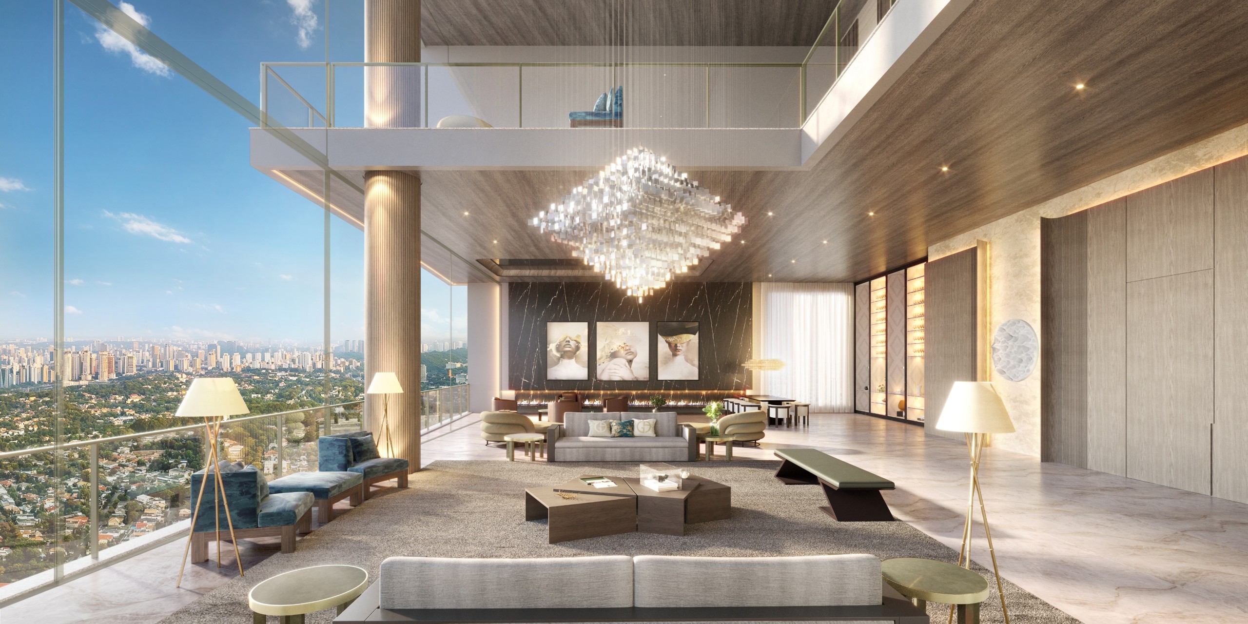 Living da cobertura do Vista Tower Venezia, com pé-direito duplo e vista para o Jardim Guedala