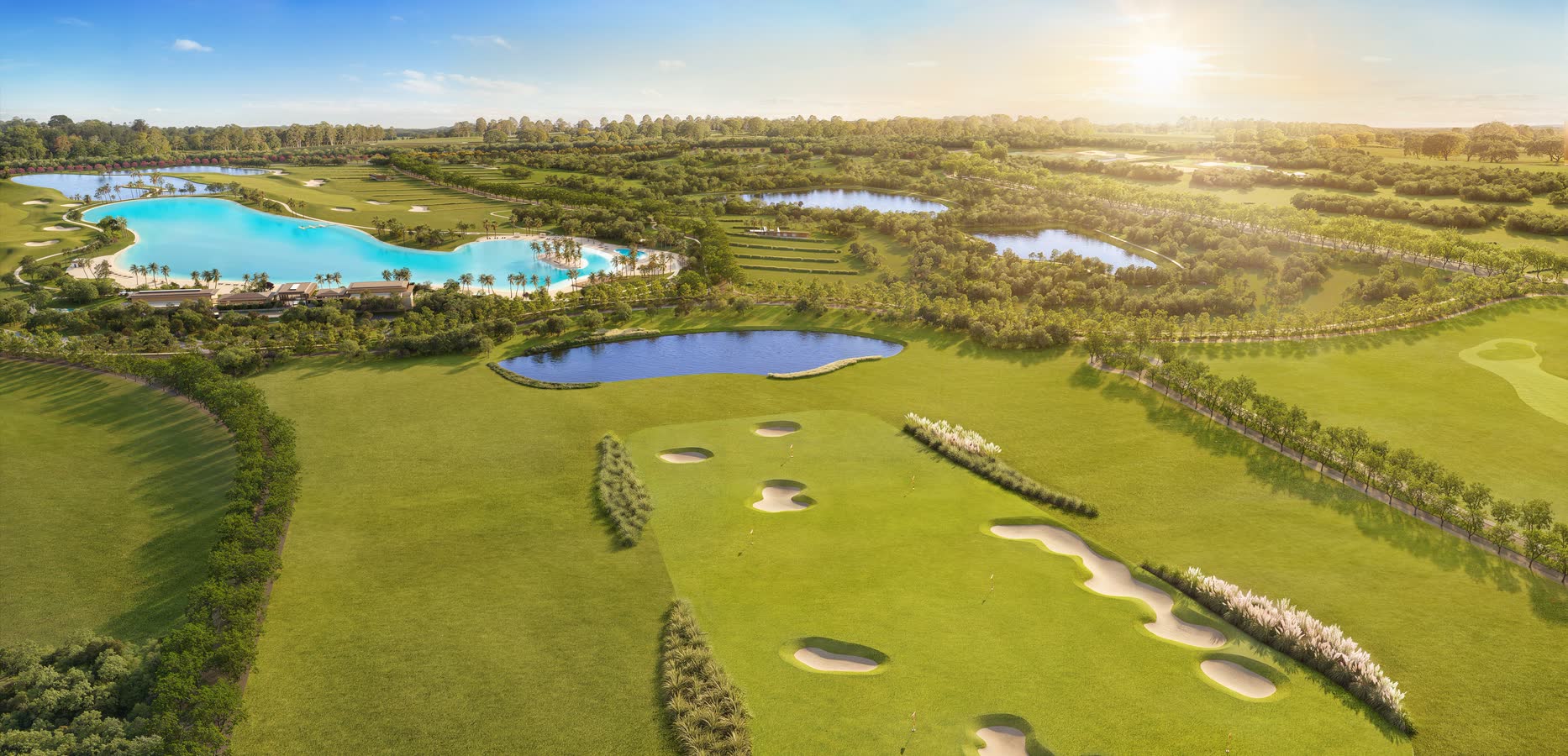 Vista aérea do driving range e dos lotes junto ao golfe
