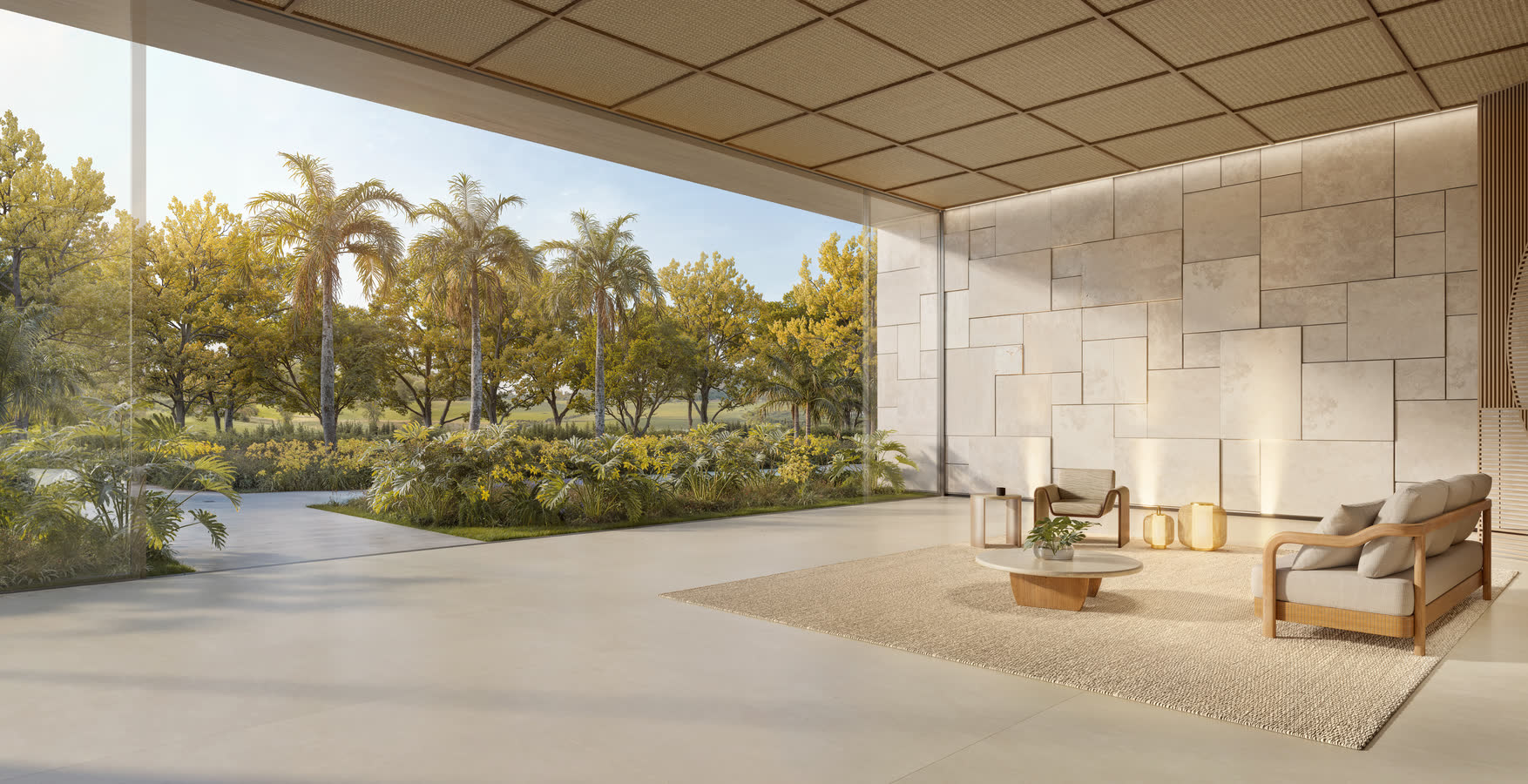 Lobby da torre aberto para o jardim