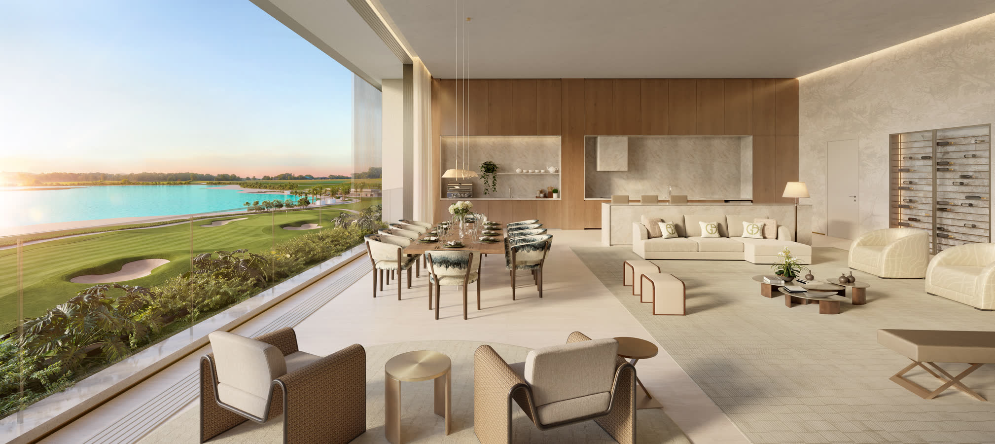 Living do apartamento de 281 m² com vista para a lagoa